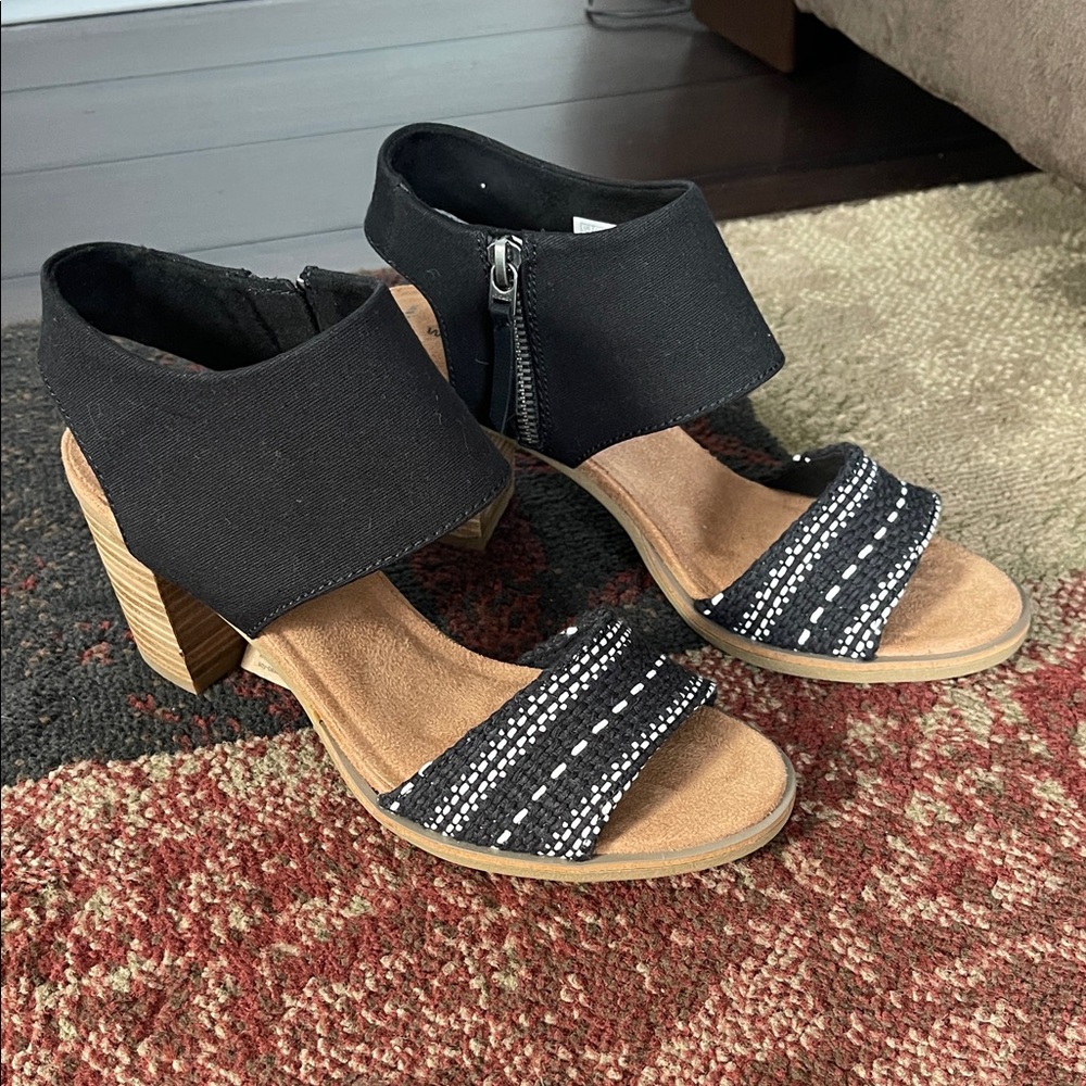 Toms Black and Tan Sandals with Wooden Heel